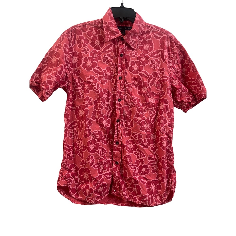 Tommy Hilfiger Mens Medium‎ Pink Floral Hibiscus Short Sleeve Button Down Shirt